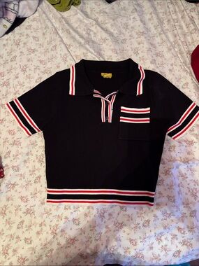 Daisy Black Polo Crop Top with Red & White Stripe Trim